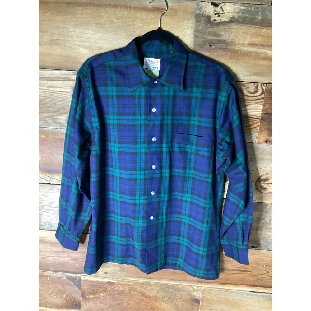Vtg Cursive  L.L.Bean Blackwatch Plaid Challa Switzerland Wool Flannel Shirt M